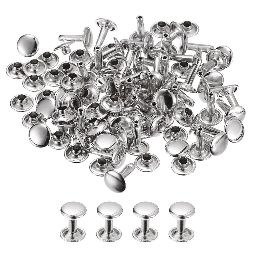 uxcell 100 Sets Leather Rivets, 9mm Double Cap Rivets 12mm Height Metal Studs Rivet for Leather Craft Repair DIY Purse Belts Bags Shoes, Silver Tone