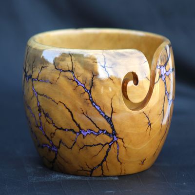 Lichtenberg Figure Yarn Bowl - Handmade Wooden Yarn Bowl for Knitting Yarn Ball Holder - Yarn Bowls with Holes Crochet Bowl Holder - Yarn Storage Bowl 7" x 4" inches (Sky-Blue-A)