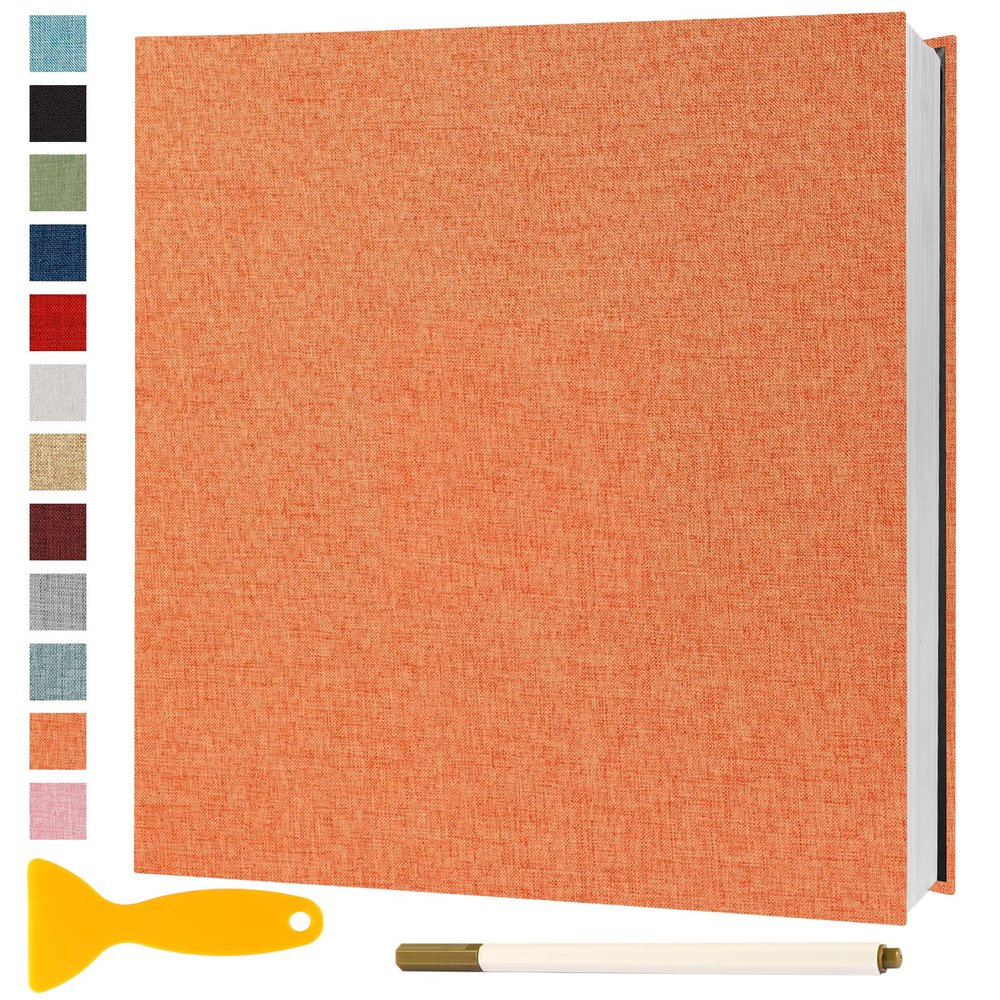 Photo Album Self Adhesive Pages Scrapbook Magnetic Photo Albums with Sticky Pages for 4x6 5x7 8x10 Pictures Books with A Metallic Pen for Baby Family Wedding 13.2x12.8 Orange 60 Pages