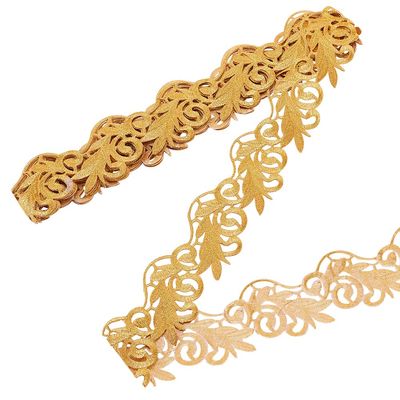 NBEADS 4.37 Yards Gold Embroidery Polyester Ribbons, 2.6 Inch Wide Adhesive Goldenrod Lace Trim Iron on Metallic Flower Lace for Sewing Costumes Gowns Home Decor Garment Accessories