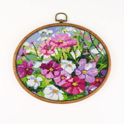 Cosmos and Dianthus Flowers CS966-1 - Counted Cross Stitch KIT#2. Set of Threads, Needles, AIDA Fabric, Needle Threader, Embroidery Clippers and Printed Color Pattern Inside.