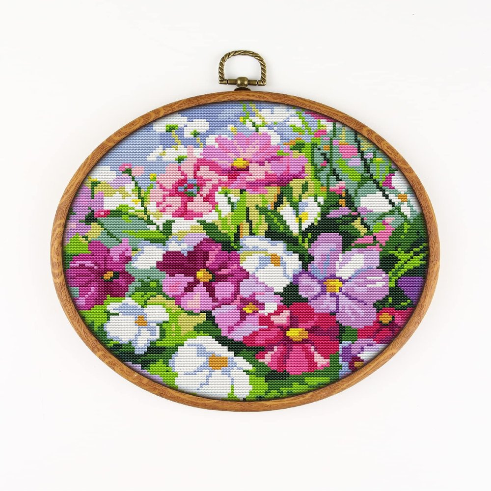 Cosmos and Dianthus Flowers CS966-1 - Counted Cross Stitch KIT#2. Set of Threads, Needles, AIDA Fabric, Needle Threader, Embroidery Clippers and Printed Color Pattern Inside.