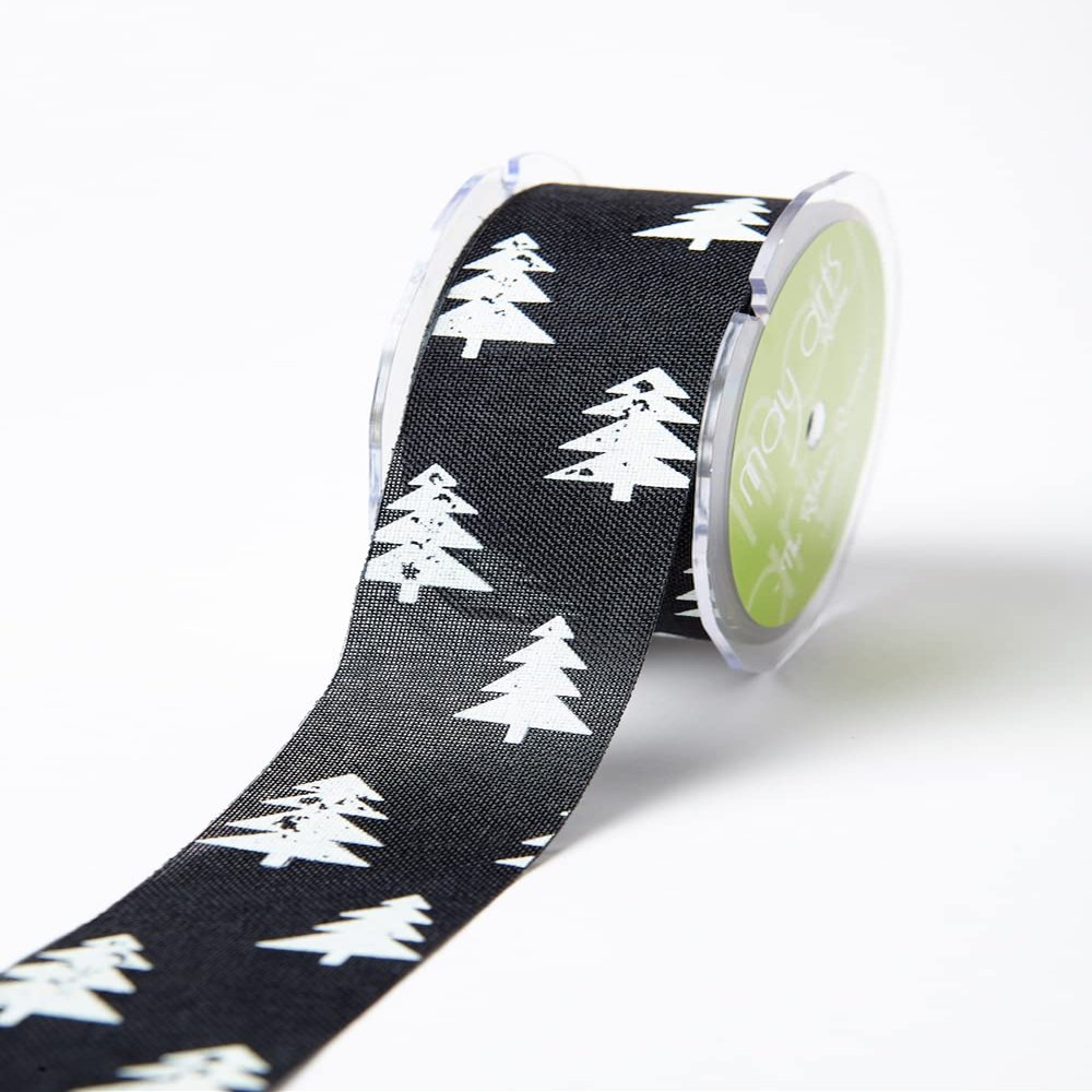 1.5 Inch Faux Jute Tree Print Ribbon with Cut Edge - 561-15-10 Black
