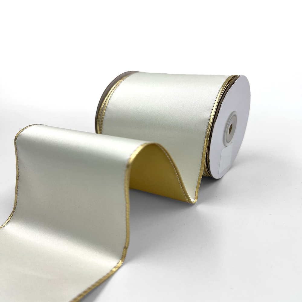 3 Inch Satin Metallic Reversible Ribbon with Wired Woven Edge - 428-3-09S Ivory/Gold