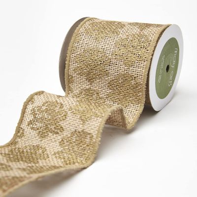 3 Inch 100% Jute Burlap with Metallic Print Ribbon with Wired Edge - 489-3-30A Gold Damask
