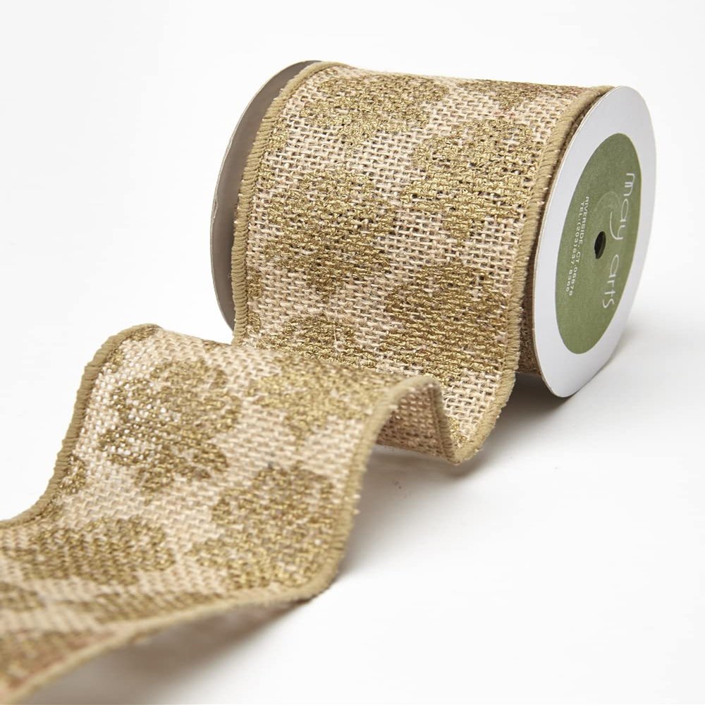 3 Inch 100% Jute Burlap with Metallic Print Ribbon with Wired Edge - 489-3-30A Gold Damask