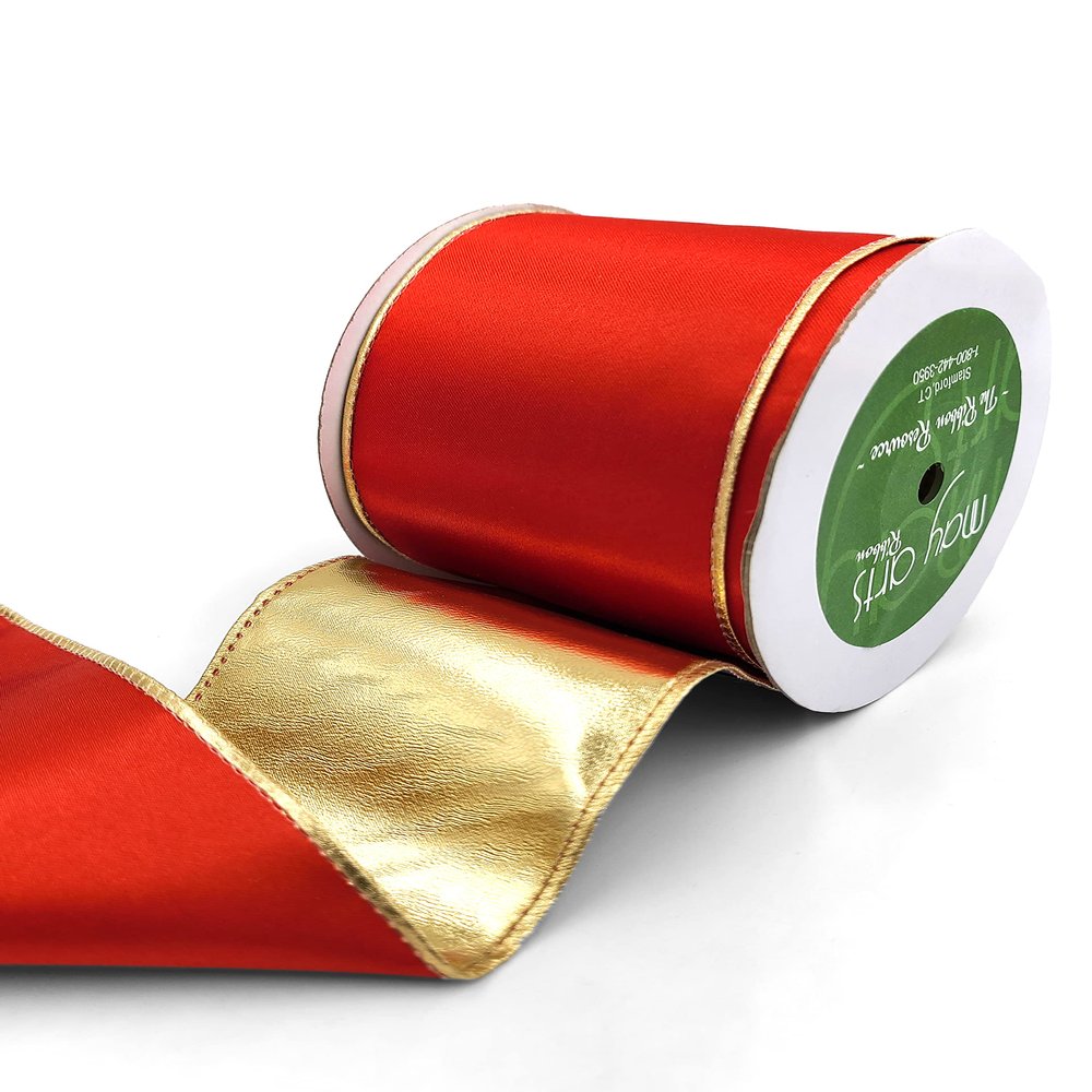 3 Inch Satin Metallic Reversible Ribbon with Wired Woven Edge - 428-3-14S Red/Gold