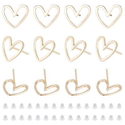 BENECREAT 16pcs Real 18K Gold Plated Brass Earrings, Heart Shaped Brass Earrings, Simple Hollowed Out Heart Earrings and 40 Plastic Ear Plugs for Anniversary, Jewelry Making, 13x11mm
