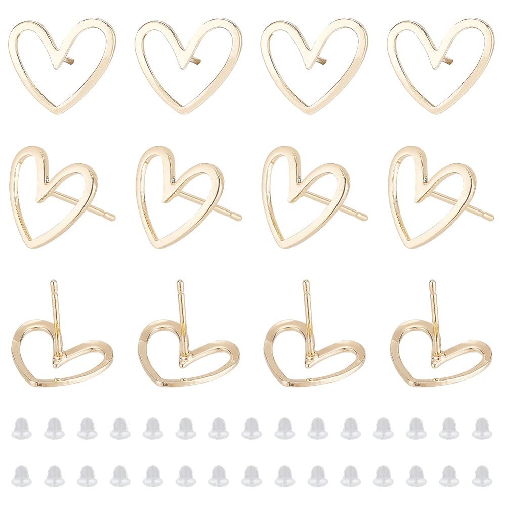 BENECREAT 16pcs Real 18K Gold Plated Brass Earrings, Heart Shaped Brass Earrings, Simple Hollowed Out Heart Earrings and 40 Plastic Ear Plugs for Anniversary, Jewelry Making, 13x11mm