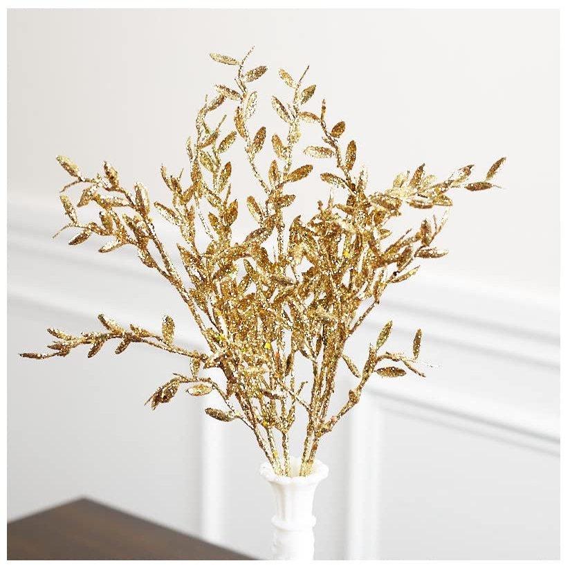 Factory Direct Craft Group of 2 Gold Glittered Artificial Leaf Bushes for Holiday Arrangements and 50th Anniversary Celebration Decorations - 15" L