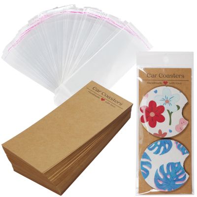 Vcekract 100Pcs Car Coaster Packaging - Sublimation Coaster Cards with 6.8x2.85In Kraft Paper Display Cards, Heat Press Accessories