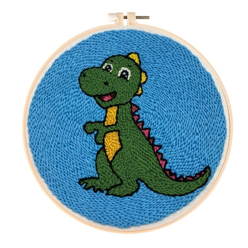 Smaller Punch Needle Embroidery Starter Kits 15cm for Kids and Adults Beginners with Punch Needle Tool,Threader, Stamped Fabric Embroidery,Hoop,Dinosaur Yarn Rug Punch Needle