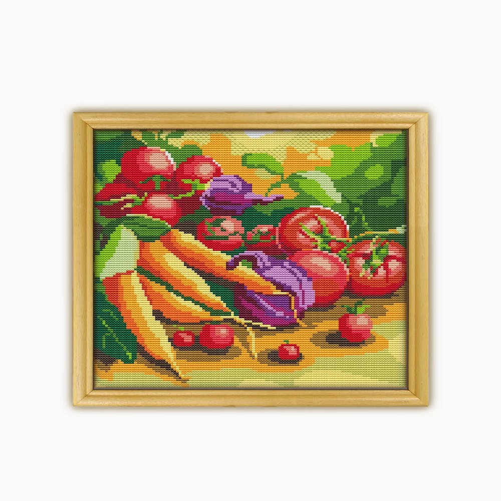 Carrot Onion Tomatoes and Spinach CS1053-1 - Counted Cross Stitch KIT#2. Set of Threads, Needles, AIDA Fabric, Needle Threader, Embroidery Clippers and Printed Color Pattern Inside.