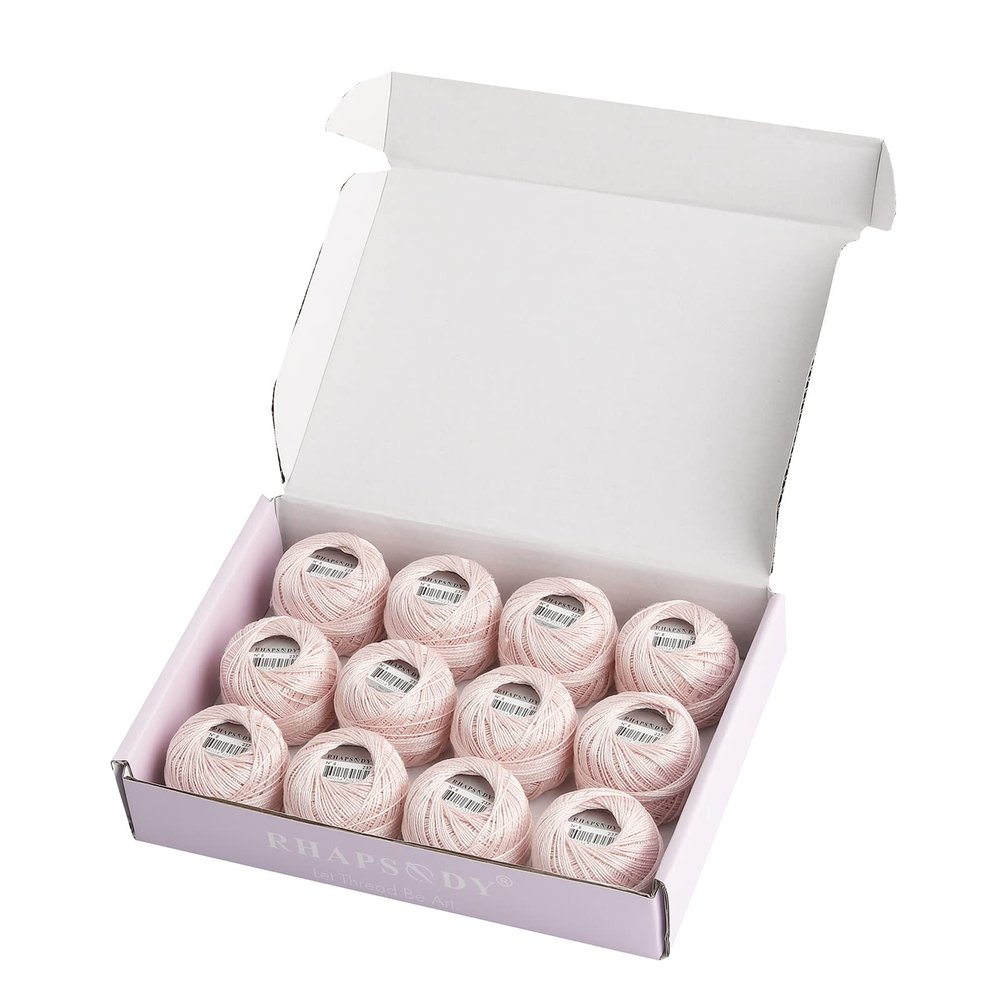 Rhapsody Pearl Cotton Thread Size 8 Crochet Thread Perle 12 Balls Set Hand Knitting, Embroidery, Sashiko, Cross-Stitch, Sewing, Needlepoint, DIY, Quilting (ULT VY LT Shell Pink, Col. 237)