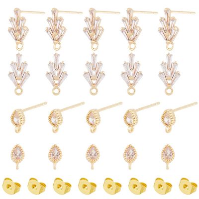DICOSMETIC 16Pcs 2 Styles Cubic Zirconia Leaf Earrings Findings 18K Gold Plated Brass Teardrop Stud Earring Post Rhinestone Earring Posts with Ear Nut for DIY Earring Making