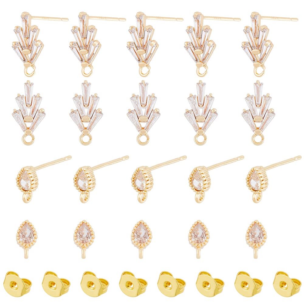 DICOSMETIC 16Pcs 2 Styles Cubic Zirconia Leaf Earrings Findings 18K Gold Plated Brass Teardrop Stud Earring Post Rhinestone Earring Posts with Ear Nut for DIY Earring Making