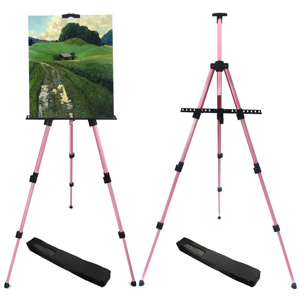 RRFTOK Artist Art Painting Easel Stand, Aluminum Metal Adjustable Easel for Painting Canvases Height from 17 to 66 Inch,Carry Bag for Table-Top/Floor Drawing,Painting and Displaying(2pack,Pink)