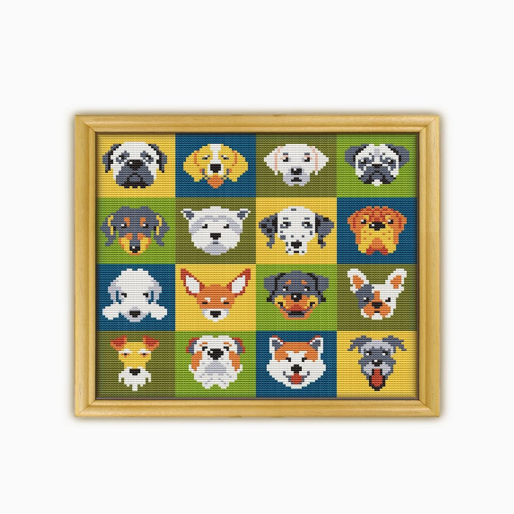 Dog Breeds Icons CS1308-1 - Counted Cross Stitch KIT#2. Set of Threads, Needles, AIDA Fabric, Needle Threader, Embroidery Clippers and Printed Color Pattern Inside.