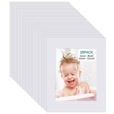 Egofine 11x14 White Picture Mats Pack of 25, Frame Mattes for 8x10 Pictures, Acid Free, 1.2mm Thickness, with Core Bevel Cut