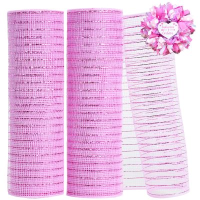 TONIFUL 2 Rolls 10 Inch Pink Decorative Mesh Ribbbon Rolls, Fabric Mesh with Foil for Wreath Supplies, Front Door Wreath Crafts Tree Decor Christmas NewYears Halloween Decoration (10 yds/roll)