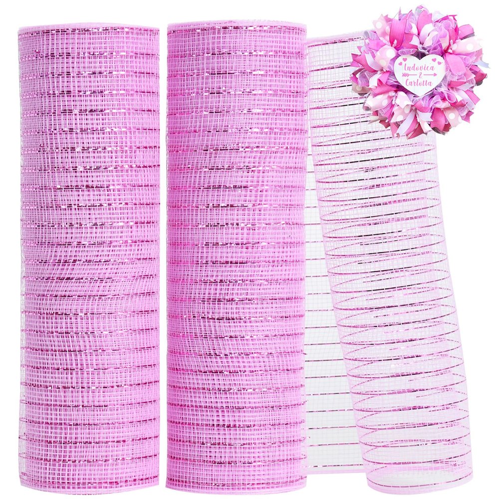 TONIFUL 2 Rolls 10 Inch Pink Decorative Mesh Ribbbon Rolls, Fabric Mesh with Foil for Wreath Supplies, Front Door Wreath Crafts Tree Decor Christmas NewYears Halloween Decoration (10 yds/roll)