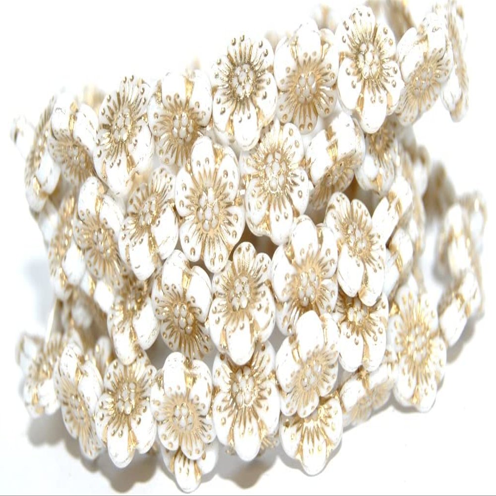 100 pcs Flower Pressed Glass Beads, White 54202 (2010 54202), Glass, Czech Republic, Size 14 mm (0.55 in)