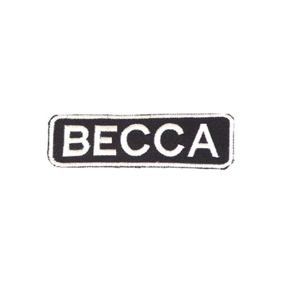 DealzCT Becca White on Black with Border Iron On Sew On Name Tag Small Patch for Jacket Vest