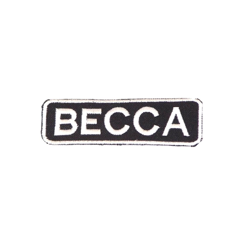 DealzCT Becca White on Black with Border Iron On Sew On Name Tag Small Patch for Jacket Vest