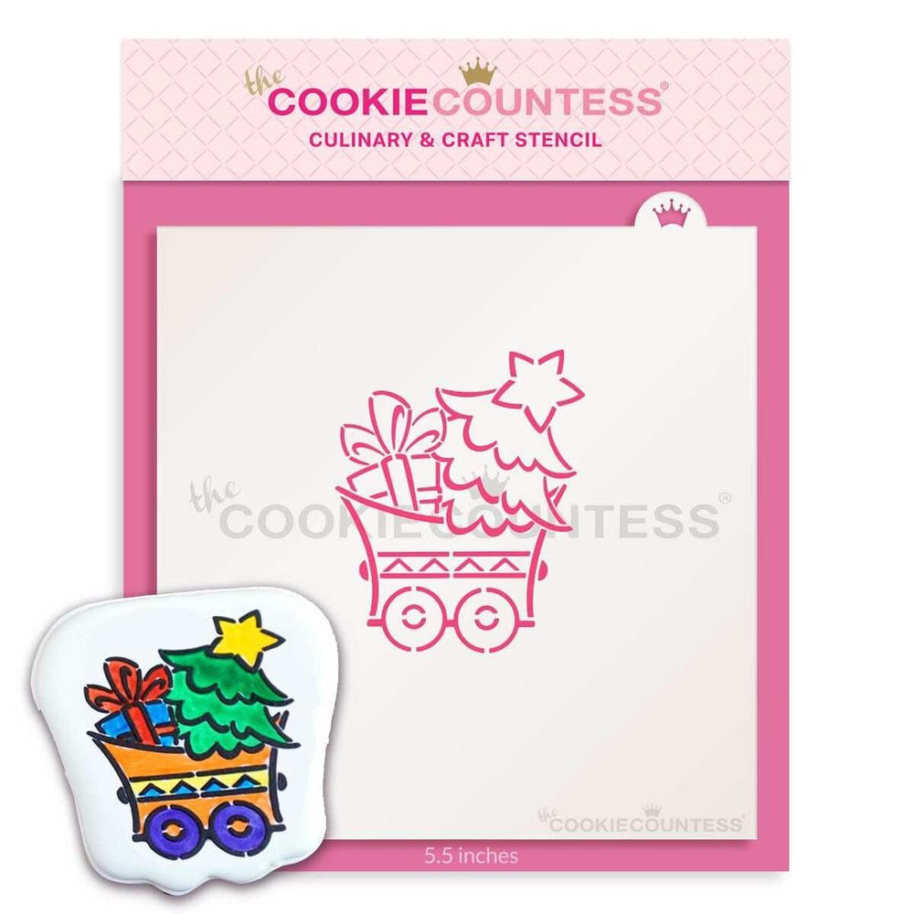The Cookie Countess Christmas Train Tree Car Stencil - Drawn by Krista