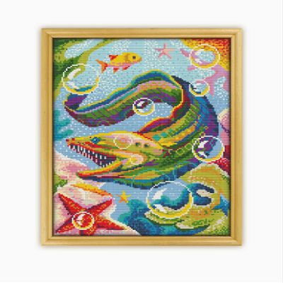 Green Moray EEL CS1323-2 - Counted Cross Stitch KIT#2. Set of Threads, Needles, AIDA Fabric, Needle Threader, Embroidery Clippers and Printed Color Pattern Inside.
