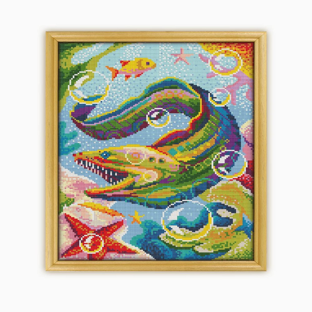 Green Moray EEL CS1323-2 - Counted Cross Stitch KIT#2. Set of Threads, Needles, AIDA Fabric, Needle Threader, Embroidery Clippers and Printed Color Pattern Inside.