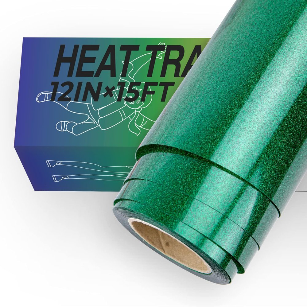 HTVRONT Green Glitter HTV Vinyl Roll-12 x 15FT Green Glitter Heat Transfer Vinyl for Shirts, Glitter Iron on Vinyl for All Cutting MachinesEasy to Cut for Heat Vinyl Design
