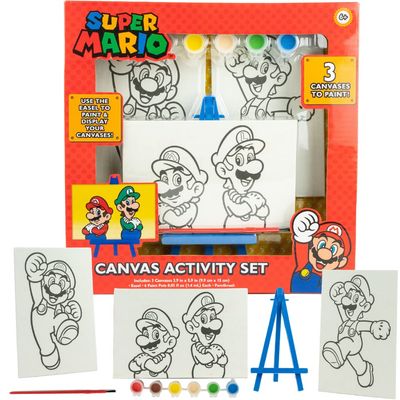 Super Mario Canvas Painting Kit for Kids, 3 Preprinted Mini Canvases for Painting, Easel, 6 Paint Pots and Brush, Acrylic Paint Set for Children