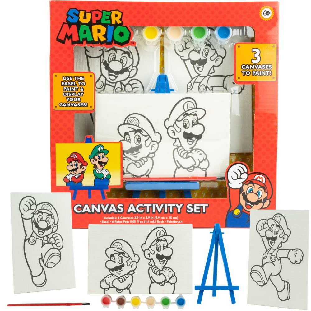 Super Mario Canvas Painting Kit for Kids, 3 Preprinted Mini Canvases for Painting, Easel, 6 Paint Pots and Brush, Acrylic Paint Set for Children