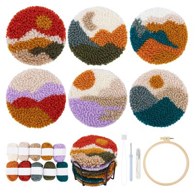 Temlum Punch Needle Coasters Kit, Punch Needle Embroidery Kits for Adults and Beginners - Including Patterns, Tools, Yarns, Hoop, Instruction, Coaster Holder Art Craft Supplies - Landscape