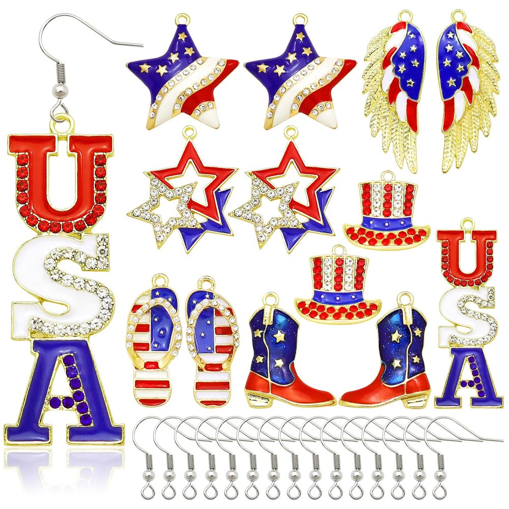 QuneusHot 30 Piece American Flag Enamel Charms 4th of July Independence Patriotic Dangle Pendant Decor for DIY Earrings Bracelets Jewelry Making Golden