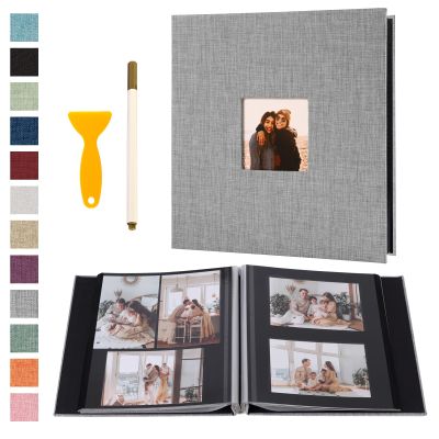 Self Adhesive Photo Album Black Pages Scrapbook Magnetic Photo Albums for 4x6 5x7 8x10 Pictures Books with Sticky Pages with A Metallic Pen for Baby Family Wedding 11x10.6 Grey 60 Pages