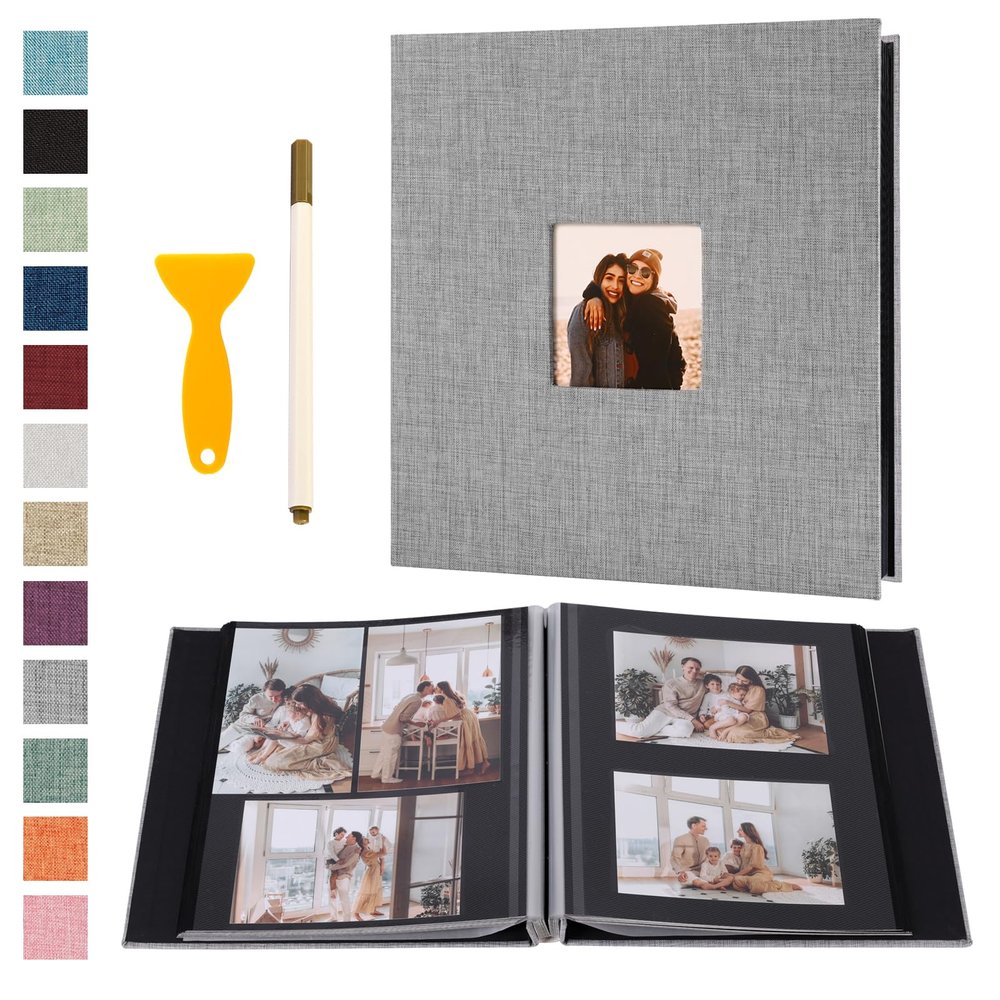 Self Adhesive Photo Album Black Pages Scrapbook Magnetic Photo Albums for 4x6 5x7 8x10 Pictures Books with Sticky Pages with A Metallic Pen for Baby Family Wedding 11x10.6 Grey 60 Pages