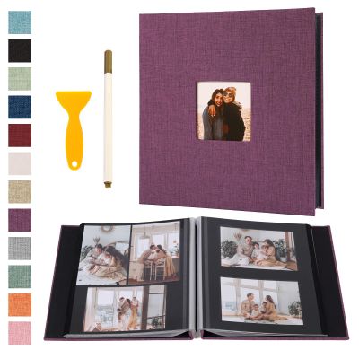 Self Adhesive Photo Album Black Pages Scrapbook Magnetic Photo Albums for 4x6 5x7 8x10 Pictures Books with Sticky Pages with A Metallic Pen for Baby Family Wedding 11x10.6 Purple 40 Pages