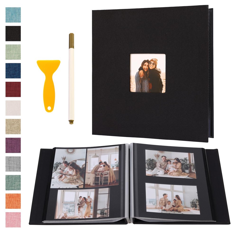 Self Adhesive Photo Album Black Pages Scrapbook Magnetic Photo Albums for 4x6 5x7 8x10 Pictures Books with Sticky Pages with A Metallic Pen for Baby Family Wedding 13.2x12.8 Black 40 Pages
