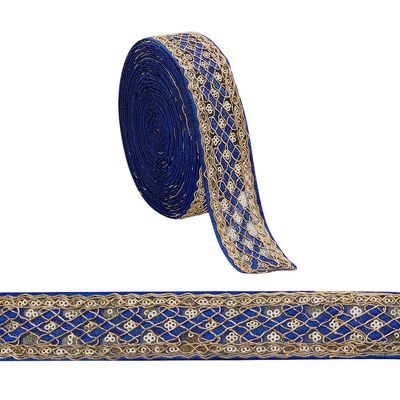 AHANDMAKER 10 Yards 1.6inch Fabric Embroidered Trim, Vintage Jacquard Ribbon Metallic Gold Rhombus Pattern Sewing Woven Trim Embroidered Ribbon decor for Crafts Making, Blue