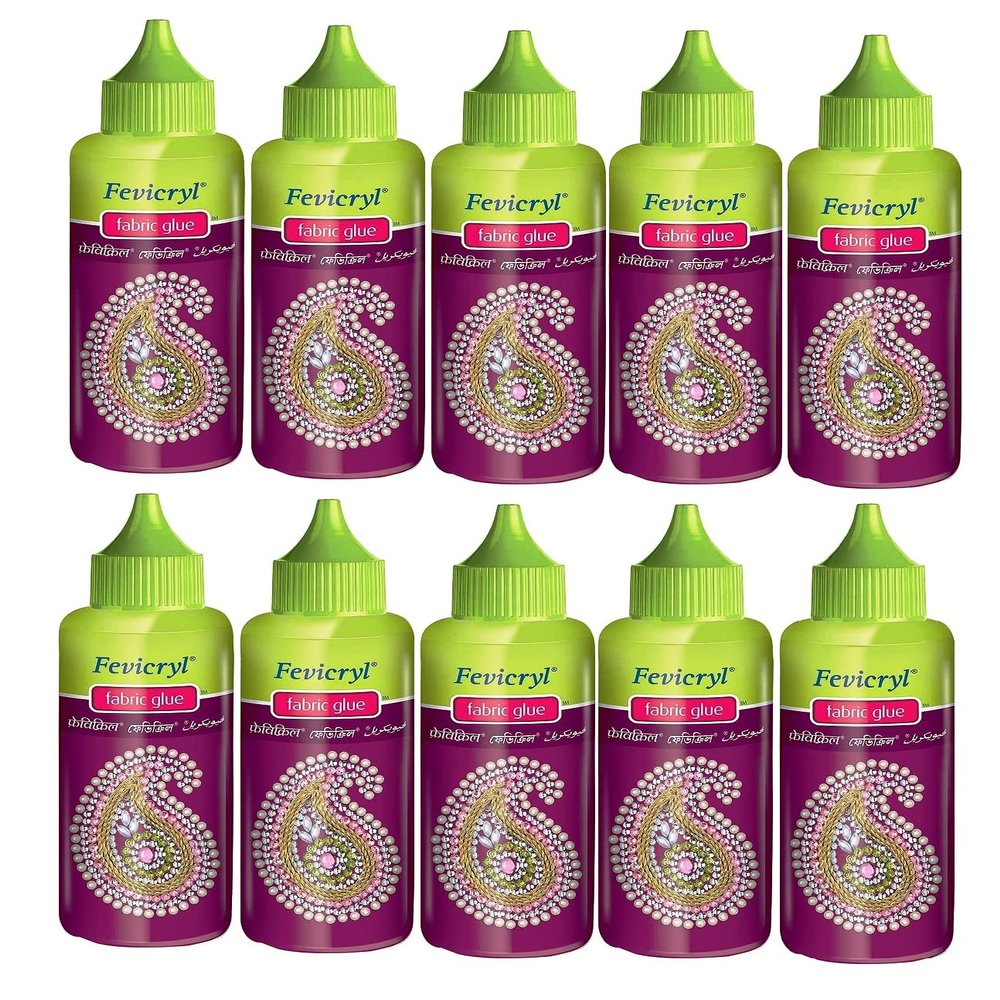 10 Pcs - 80ml Fevicryl Fabric Glue for Making Lippan Sticking Beads,Ribbon,Design Clothes,Ornaments,Mirror,Patchwork,Stones, Laces, Sequins Jewellery Embroidery MDF Board Foil Art DIY Crafts Works Etc