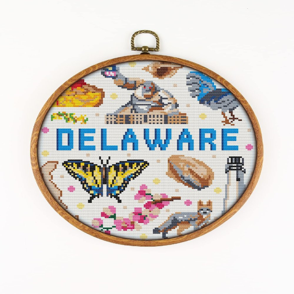 Delaware Collection CS1975-1 - Counted Cross Stitch KIT#2. Set of Threads, Needles, AIDA Fabric, Needle Threader, Embroidery Clippers and Printed Color Pattern Inside.