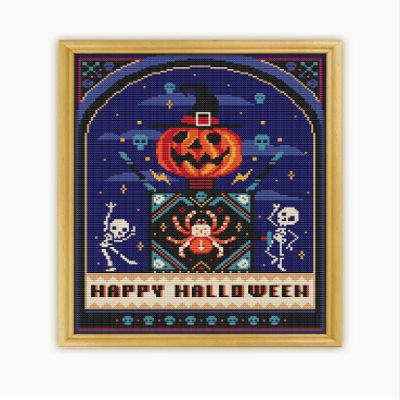Halloween Box CS1996-2 - Counted Cross Stitch KIT#2. Set of Threads, Needles, AIDA Fabric, Needle Threader, Embroidery Clippers and Printed Pattern Inside. Multicolor