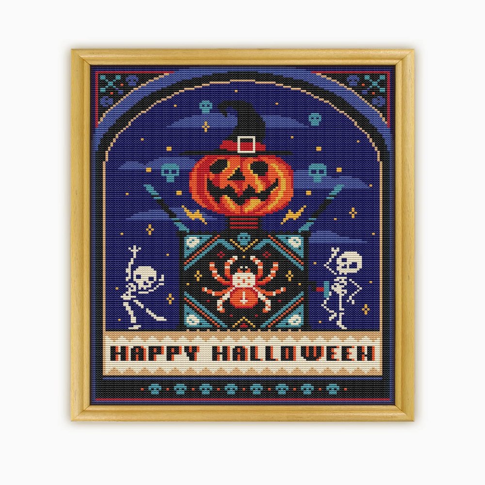 Halloween Box CS1996-2 - Counted Cross Stitch KIT#2. Set of Threads, Needles, AIDA Fabric, Needle Threader, Embroidery Clippers and Printed Pattern Inside. Multicolor