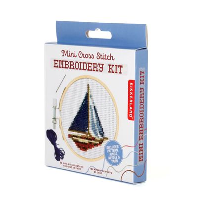 Kikkerland DIY Mini Cross Stitch Sailboat Embroidery Craft Starter Kit Set, with Pattern Instructions, 3" Bamboo Hoop, Stress Relief, Adult Beginner Friendly