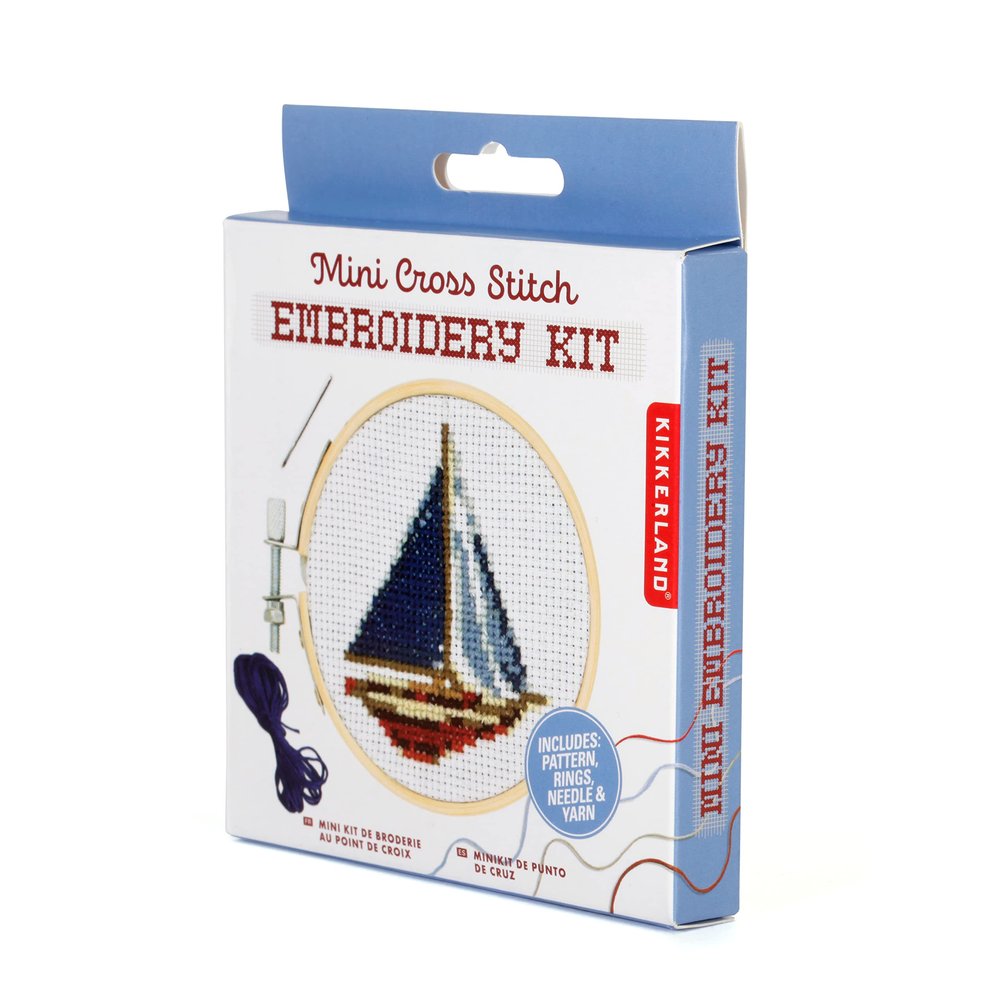Kikkerland DIY Mini Cross Stitch Sailboat Embroidery Craft Starter Kit Set, with Pattern Instructions, 3" Bamboo Hoop, Stress Relief, Adult Beginner Friendly