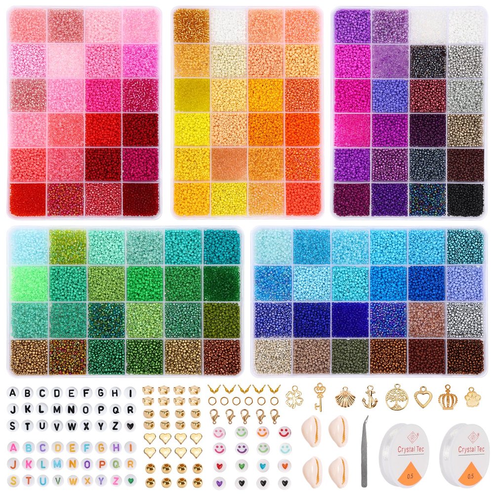 QUEFE 62000pcs Glass Seed Beads for Jewelry Making, 120 Colors 2mm Mini Beads with Accessories Friendship Bracelet Kit Charms and Pendants Kit for Bracelets Keychains Rings Necklaces Making