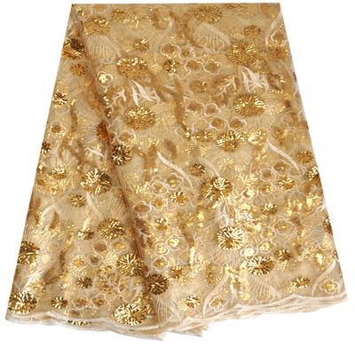 SanVera17 African Fabric 3D Sequins Net Fabrics Nigerian Embroidered Lace Fabric for Party Dress (Gold) 5 Yards