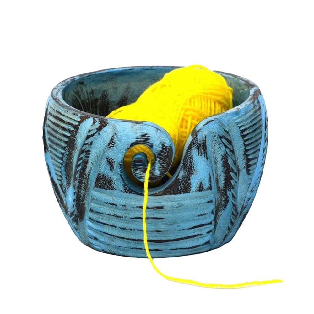 Handpainted Blue Wooden Yarn Bowl Knitting And Crochet Accessories Coloured Bowl